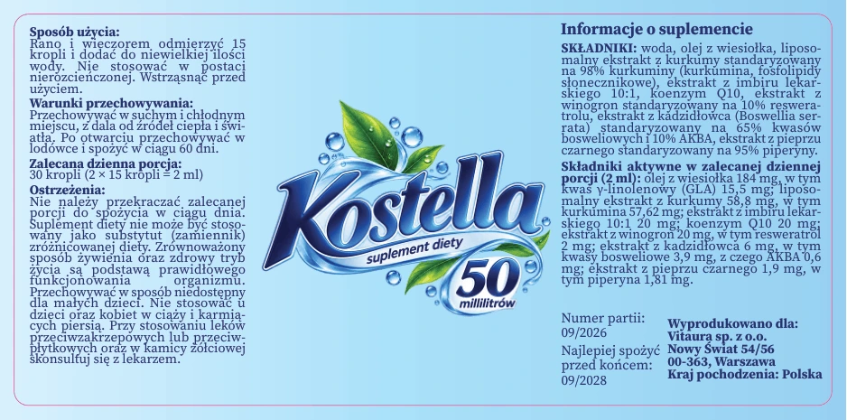 Pełna etykieta Kostella: sposób użycia, przechowywanie, ostrzeżenia, składniki i dane producenta